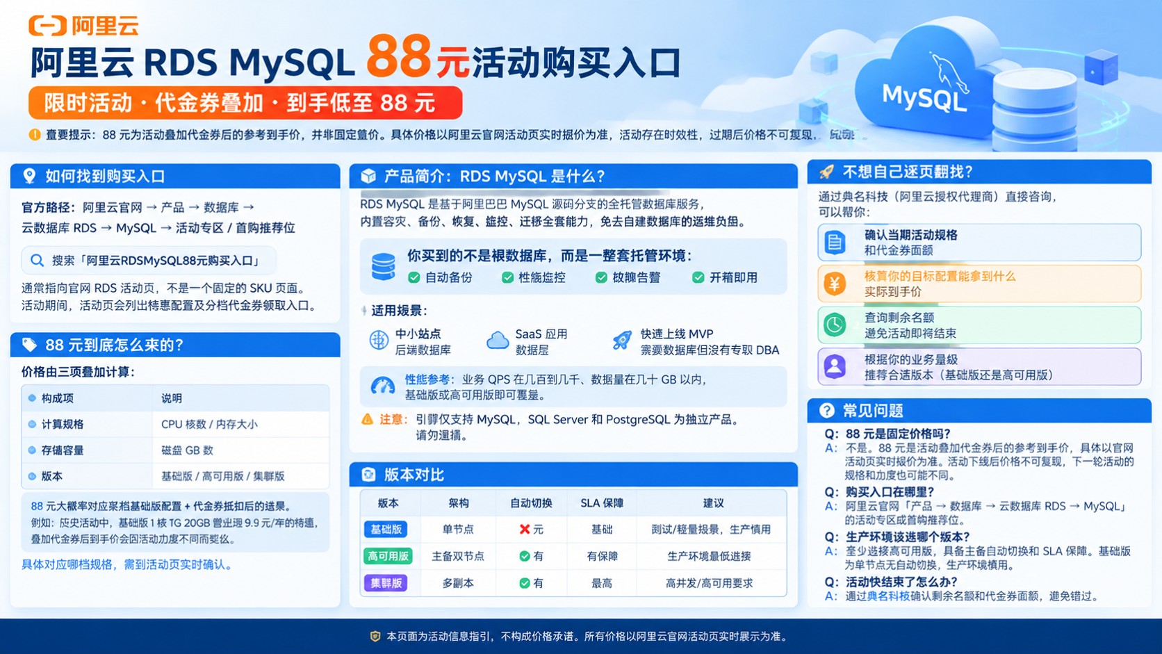 阿里云RDS MySQL 88元购买入口:路径与规格