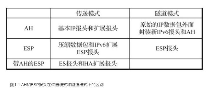 图1-1列出了AH和ESP报头在传送模式和隧道模式下的区别