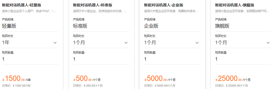 不同版本智能对话机器人的购买价格